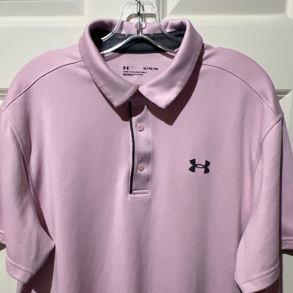 Under Armour Mens XL Pink Loose Fit Short Sleeve Golf Polo Shirt HeatGear Logo